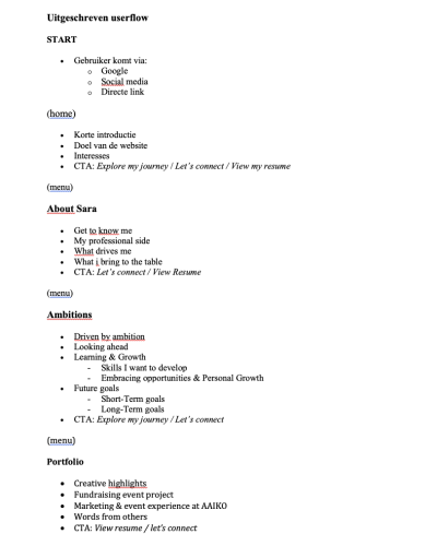 Screen shot from a document that includes the user flow of the website growwithsara.me